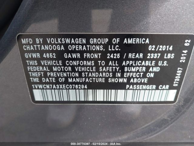 1VWCN7A3XEC076294 Volkswagen Passat 2.0l Tdi Sel Premium