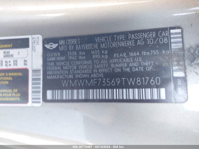 2009 MINI COOPER S WMWMF73569TW81760 Photo 8