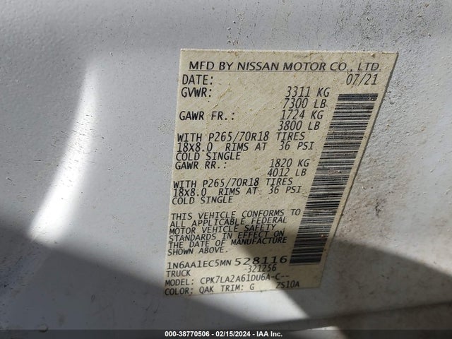 Nissan Titan S 4x4 2021 1N6AA1EC5MN528116 Image 9