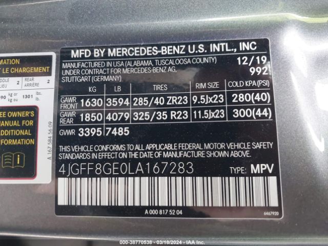 4JGFF8GE0LA167283 Mercedes-Benz Gls 580 4matic