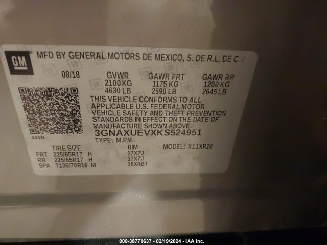Chevrolet EQUINOX LT 2019 3GNAXUEVXKS524951 Image 9