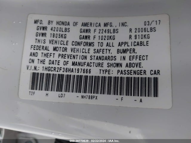 Honda ACCORD LX 2017 1HGCR2F36HA197666 Image 9