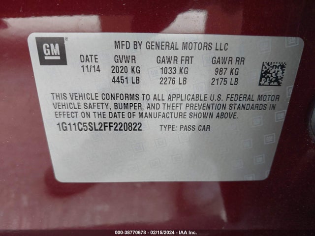 Chevrolet MALIBU 1LT 2015 1G11C5SL2FF220822 Image 9