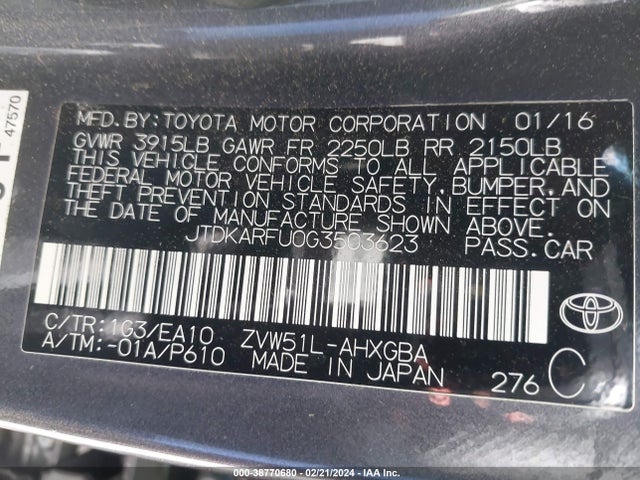 Toyota Prius Four 2016 JTDKARFU0G3503623 Image 9