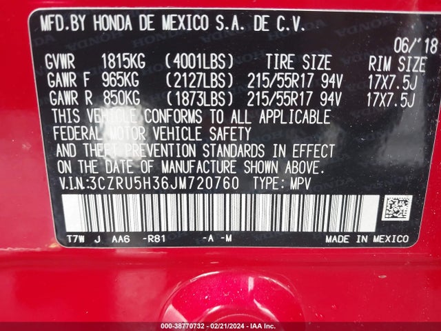 Honda HR-V LX 2018 3CZRU5H36JM720760 Image 9