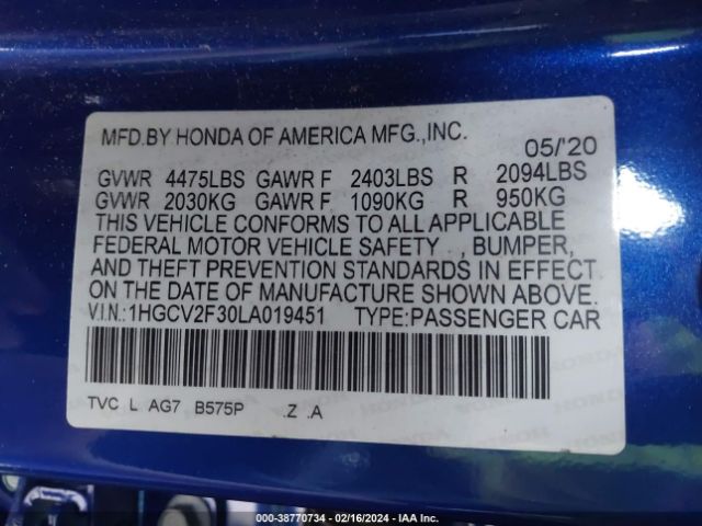 1HGCV2F30LA019451 Honda Accord Sport 2.0t