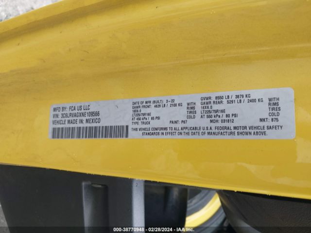 3C6LRVAGXNE109566 RAM Promaster 1500 Low Roof 136 Wb