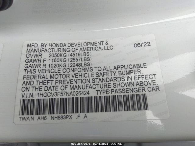 1HGCV3F57NA026424 Honda Accord Hybrid Ex-l