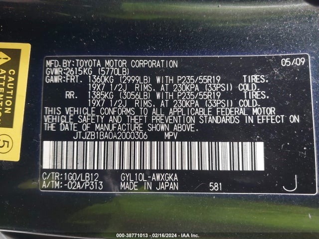 2010 LEXUS RX 450H VIN: JTJZB1BA0A2000306