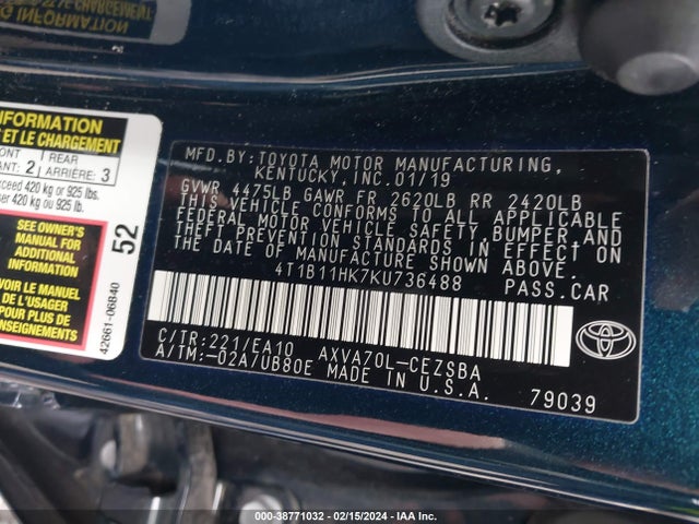 Toyota CAMRY SE 2019 4T1B11HK7KU736488 Image 9