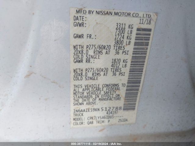 1N6AA1E59KN512788 Nissan Titan Platinum Reserve