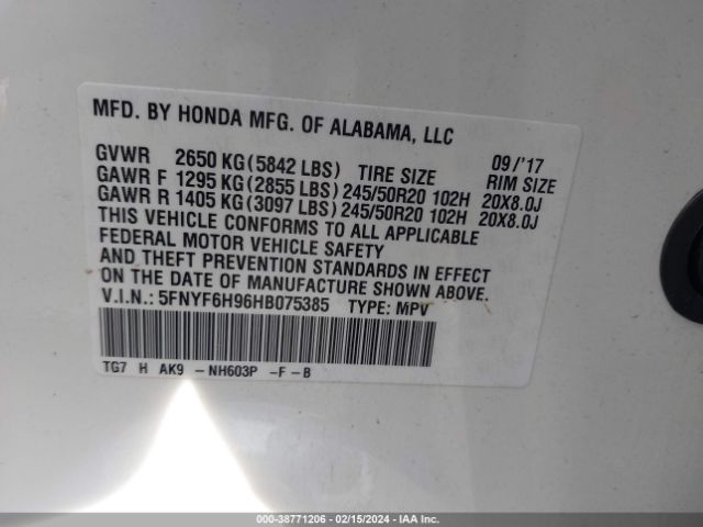 5FNYF6H96HB075385 Honda Pilot Touring