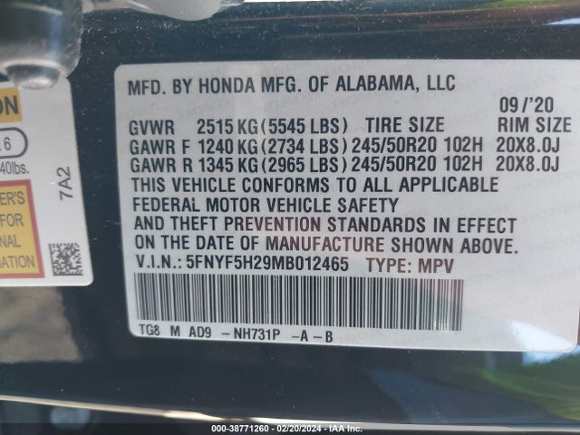 Honda Pilot 2wd Special Edition 2021 5FNYF5H29MB012465 Image 9