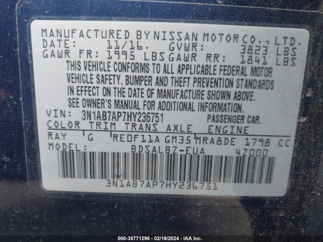 Nissan SENTRA S 2017 3N1AB7AP7HY236751 Image 9