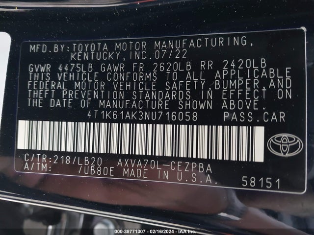 Toyota CAMRY XSE 2022 4T1K61AK3NU716058 Image 9