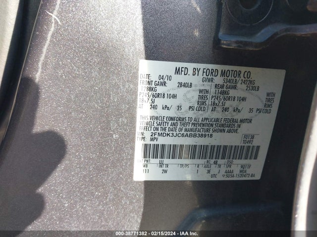 2010 Ford Edge Sel მანქანა იყიდება აუქციონზე, vin: 2FMDK3JC6ABB38918, აუქციონის ნომერი: 38771382