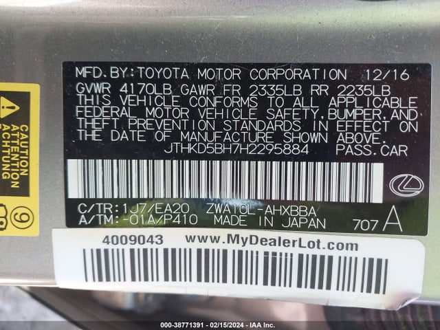 JTHKD5BH7H2295884 Lexus CT 200H