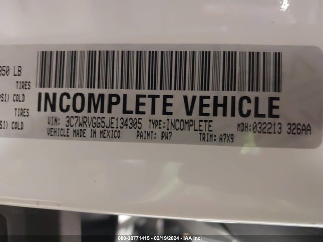 2018 RAM PROMASTER 3500 CAB LOW ROOF VIN: 3C7WRVGG5JE134305