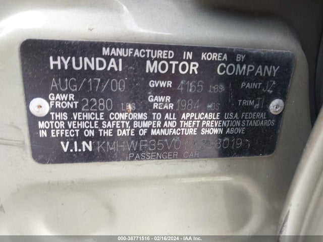 2000 HYUNDAI SONATA GLS V6 VIN: KMHWF35V0YA358019
