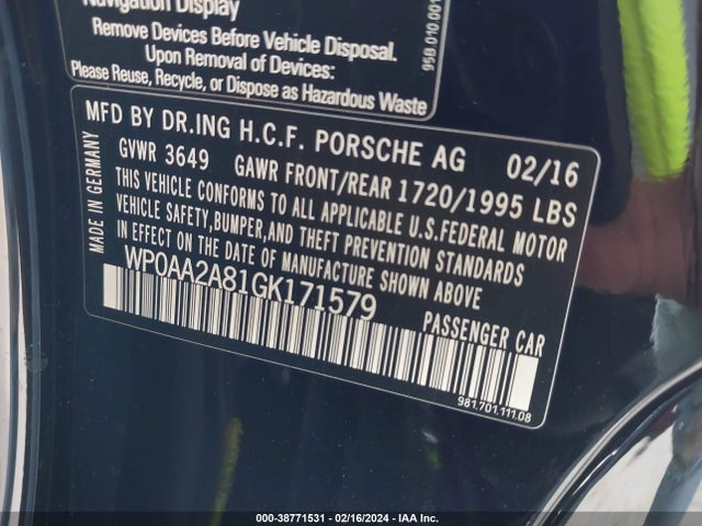 2016 PORSCHE CAYMAN WP0AA2A81GK171579 Photo 8