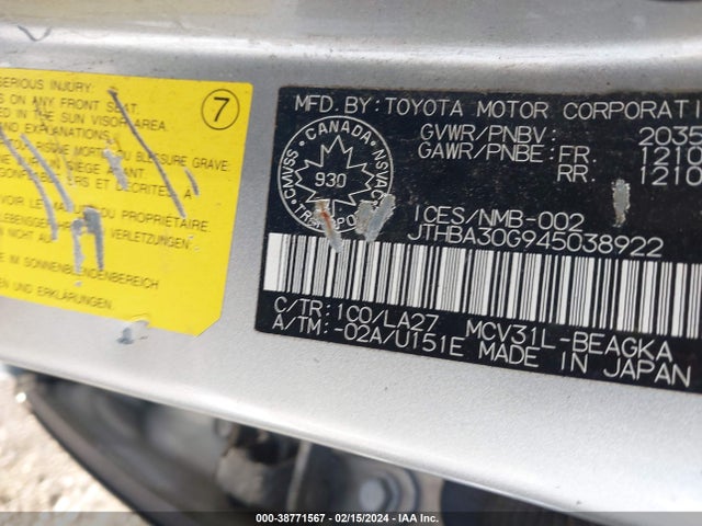 2004 LEXUS ES 330 VIN: JTHBA30G945038922