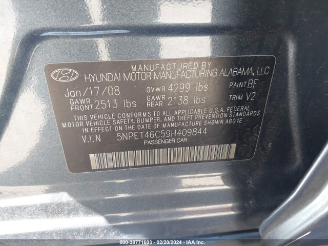 2009 HYUNDAI SONATA GLS VIN: 5NPET46C59H409844