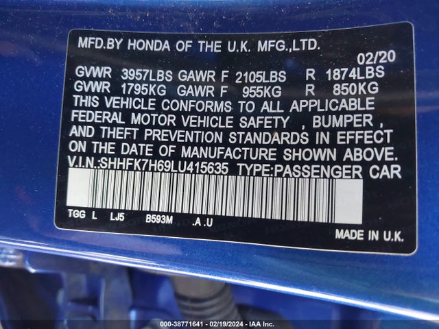 Honda CIVIC EX 2020 SHHFK7H69LU415635 Image 9