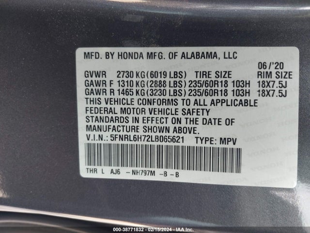 Honda Odyssey Ex-l/ex-l W/navi   Res 2020 5FNRL6H72LB065621 Image 9
