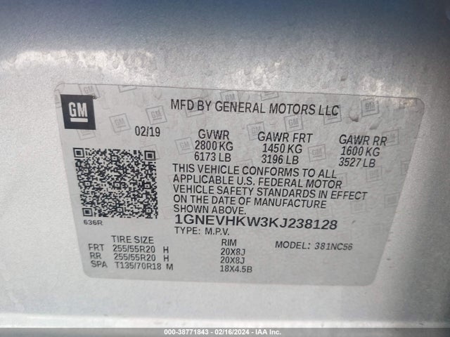 Chevrolet Traverse 3lt 2019 1GNEVHKW3KJ238128 Image 9