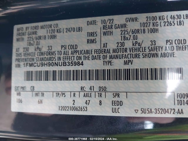Ford ESCAPE SEL 2022 1FMCU9H90NUB35984 Image 9