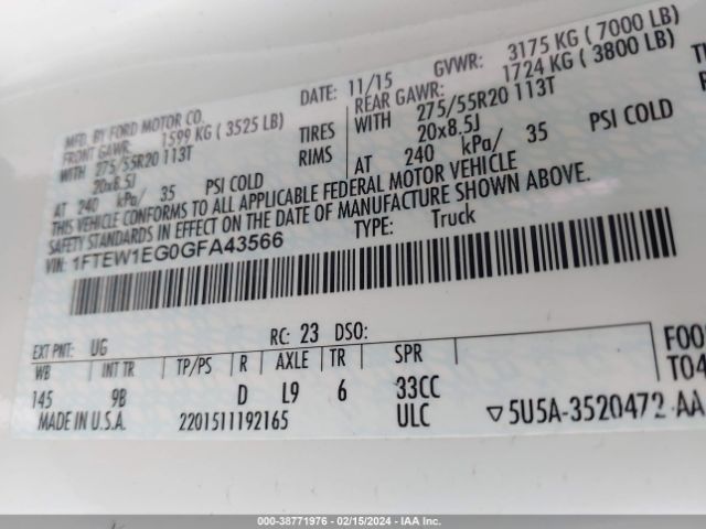 1FTEW1EG0GFA43566 Ford F-150 Platinum