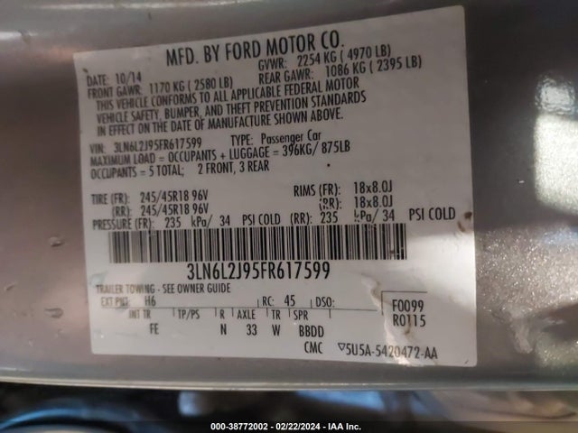Lincoln MKZ 2015 3LN6L2J95FR617599 Image 9