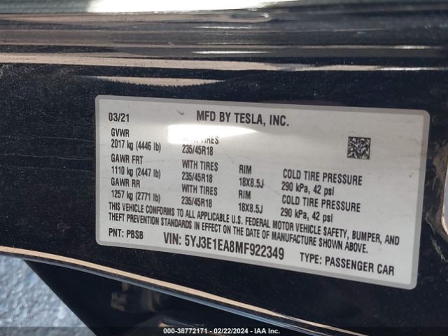 5YJ3E1EA8MF922349 Tesla Model 3 Standard Range Plus Rear-wheel Drive
