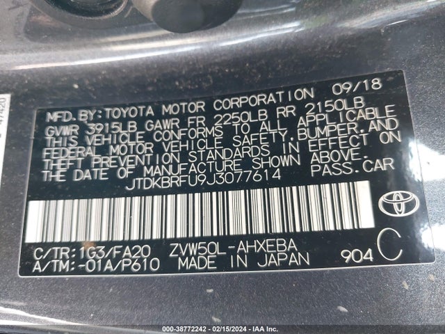 Toyota Prius Two 2018 JTDKBRFU9J3077614 Image 9