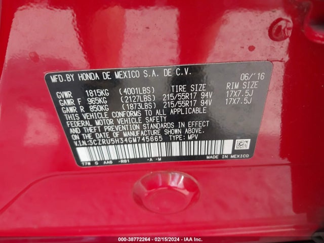 Honda HR-V LX 2016 3CZRU5H34GM745665 Image 9