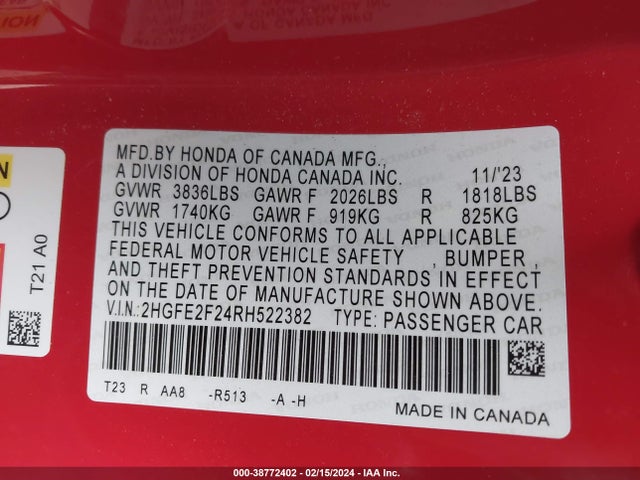 Honda Civic Lx 2024 2HGFE2F24RH522382 Image 9