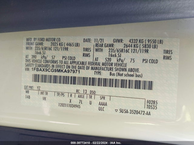 Ford Transit T-350 2021 1FBAX9CG9MKA97971 Image 9