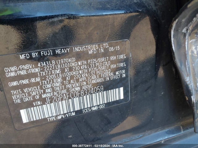 2015 SUBARU XV CROSSTREK 2.0I PREMIUM VIN: JF2GPAFC0F8324059