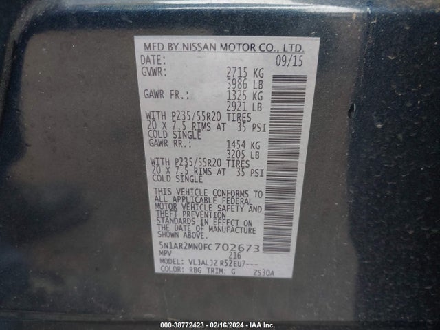 Nissan Pathfinder Platinum 2015 5N1AR2MN0FC702673 Image 9