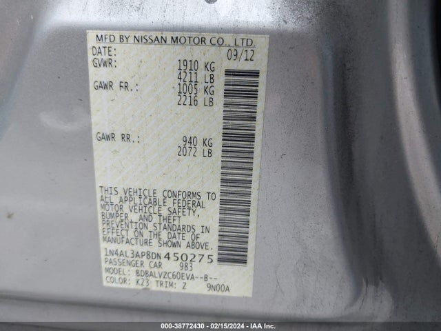 2013 NISSAN ALTIMA 2.5 SL VIN: 1N4AL3AP8DN450275