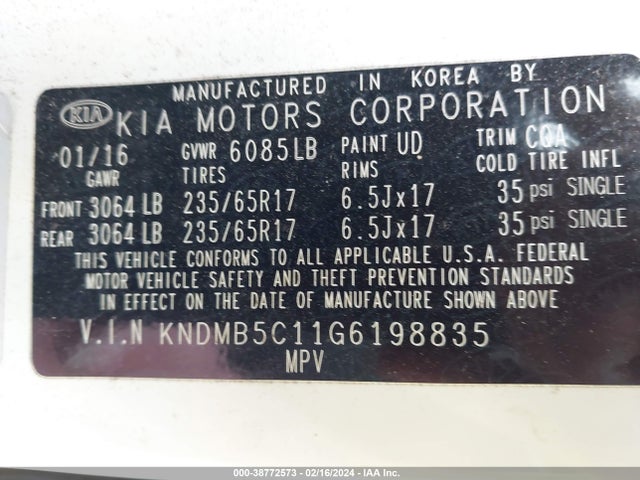 KIA SEDONA LX 2016 KNDMB5C11G6198835 Image 9