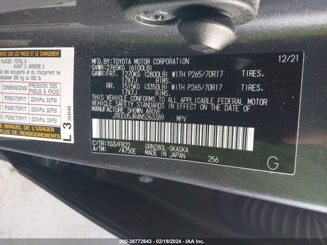 2022 TOYOTA 4RUNNER SR5 VIN: JTEEU5JR4N5263389