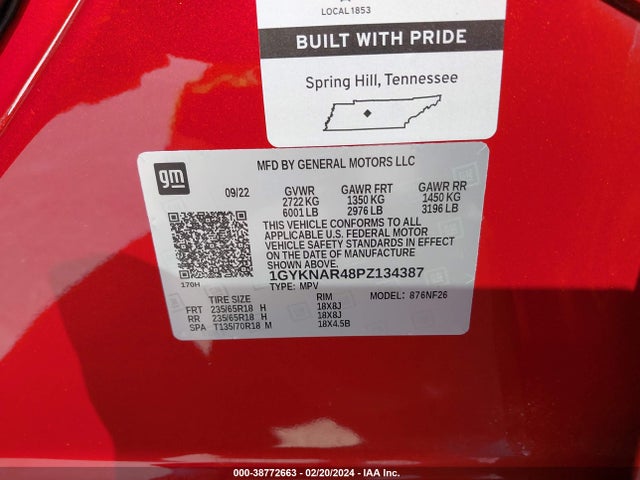 1GYKNAR48PZ134387 Cadillac Xt5 Fwd Luxury