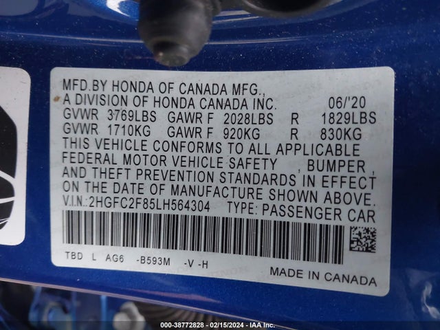 Honda Civic Sport 2020 2HGFC2F85LH564304 Image 9