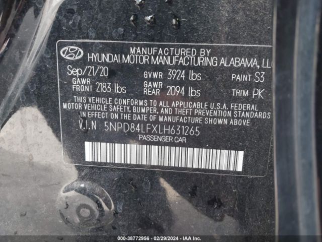 5NPD84LFXLH631265 Hyundai ELANTRA SEL
