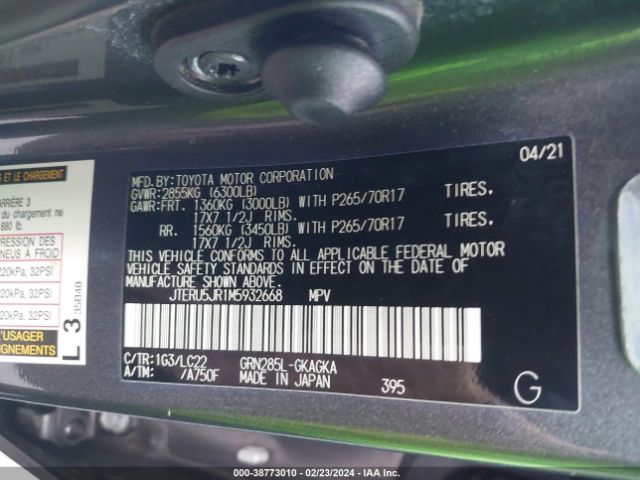 2021 TOYOTA 4RUNNER JTERU5JR1M5932668 Photo 8
