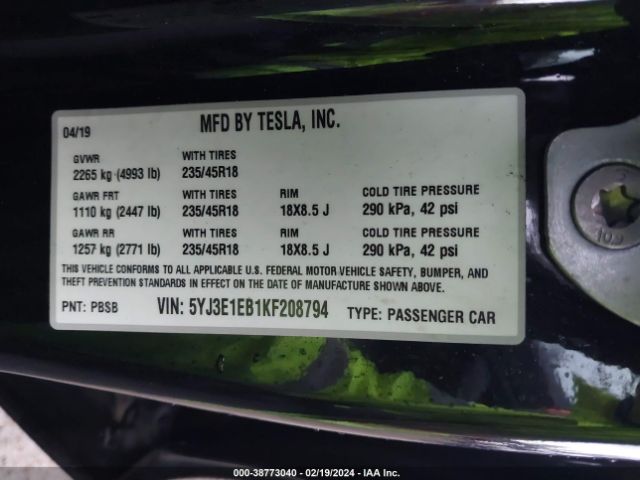 5YJ3E1EB1KF208794 Tesla Model 3 Long Range/performance