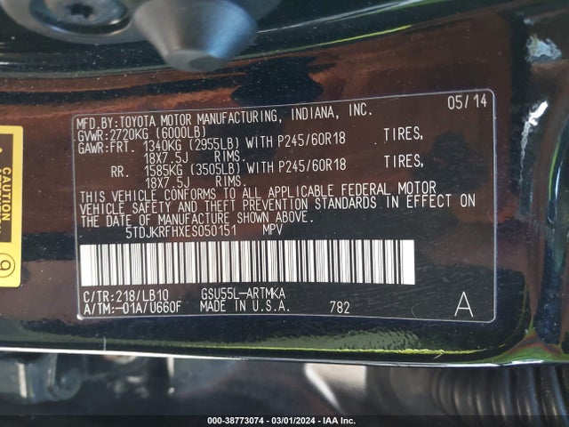 Toyota Highlander Xle V6 2014 5TDJKRFHXES050151 Image 9