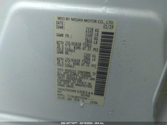Nissan MURANO SV 2019 5N1AZ2MJXKN109544 Image 9