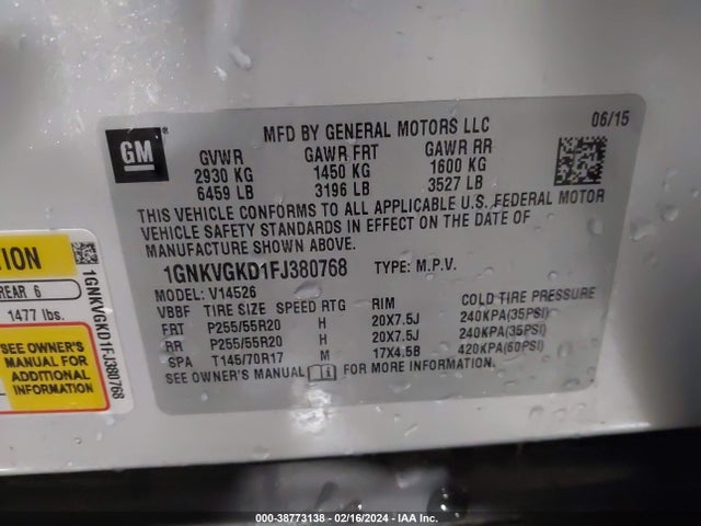Chevrolet Traverse 1lt 2015 1GNKVGKD1FJ380768 Image 9